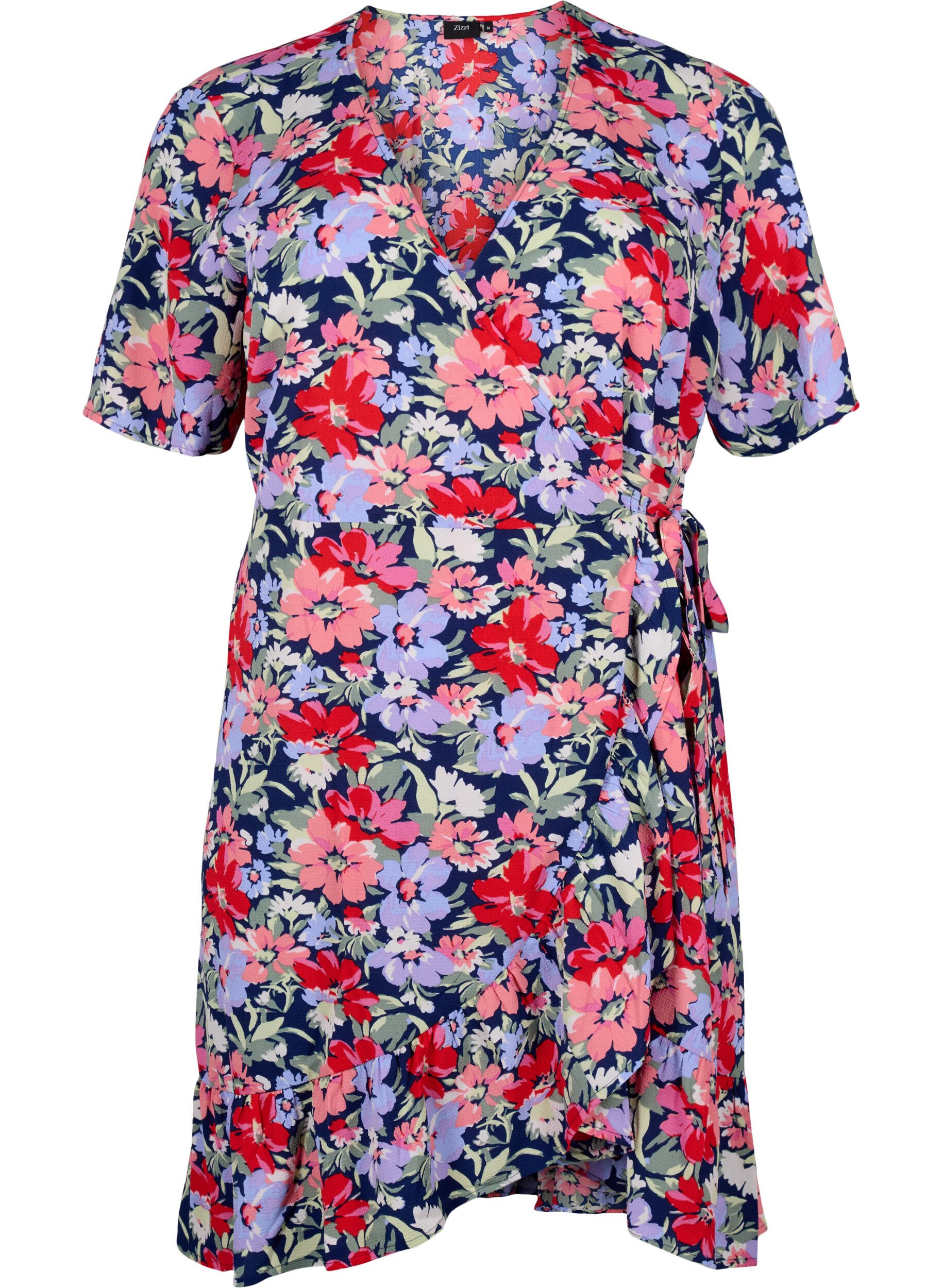 Zizzifashion Floral wrap dress with short sleeves, Blue, Packshot image number 0