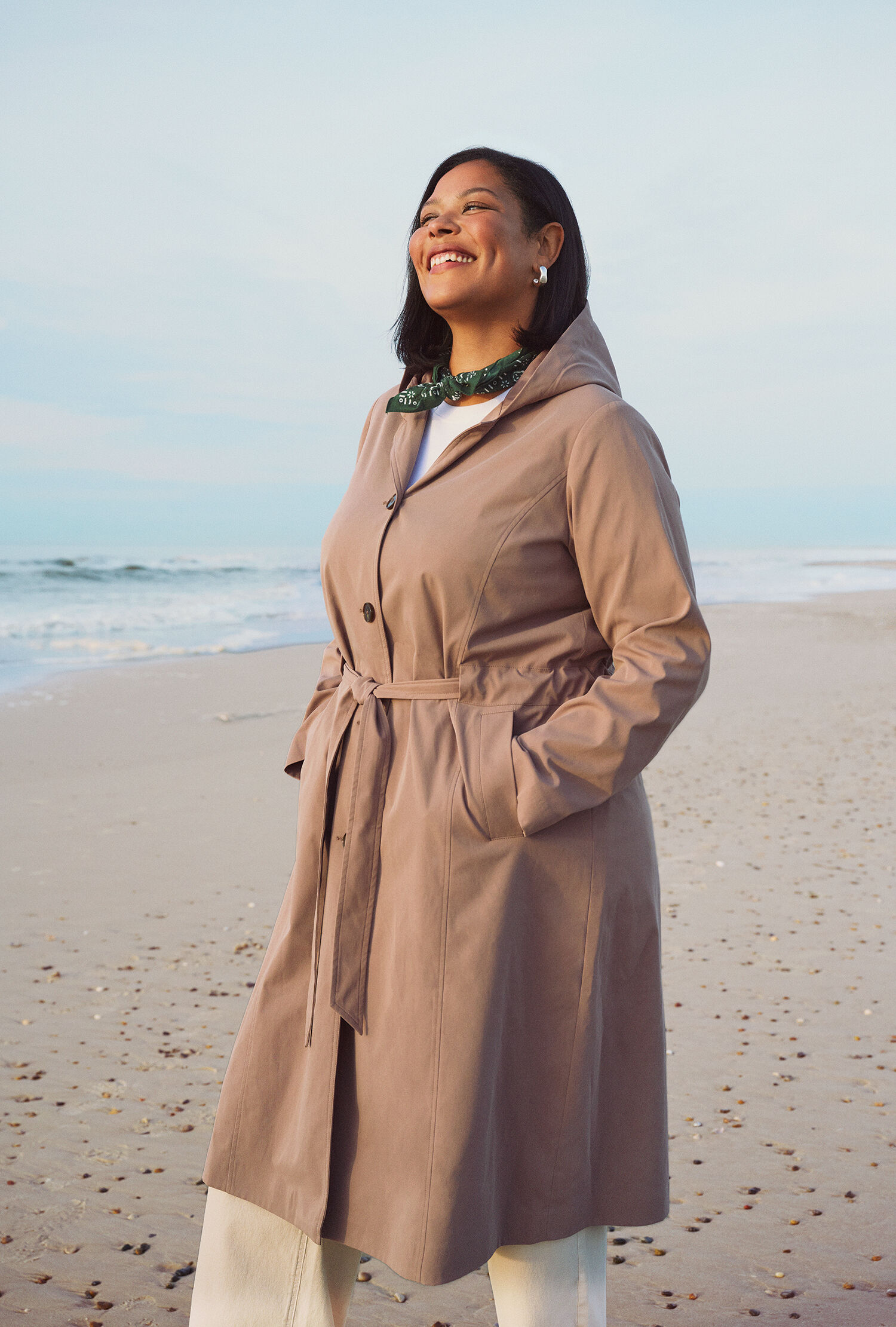 Long trench coat with hood, , Model