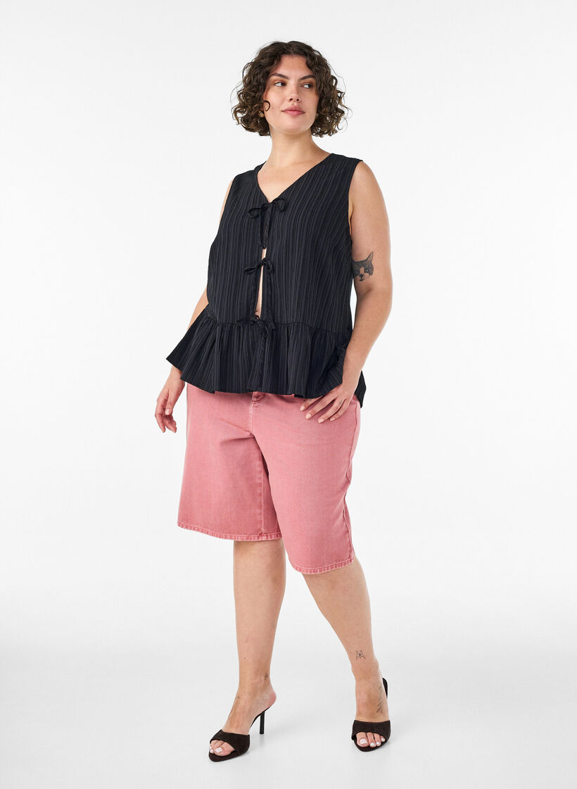 Sleeveless blouse with texture and a tie fastening, Black, Model image number 1