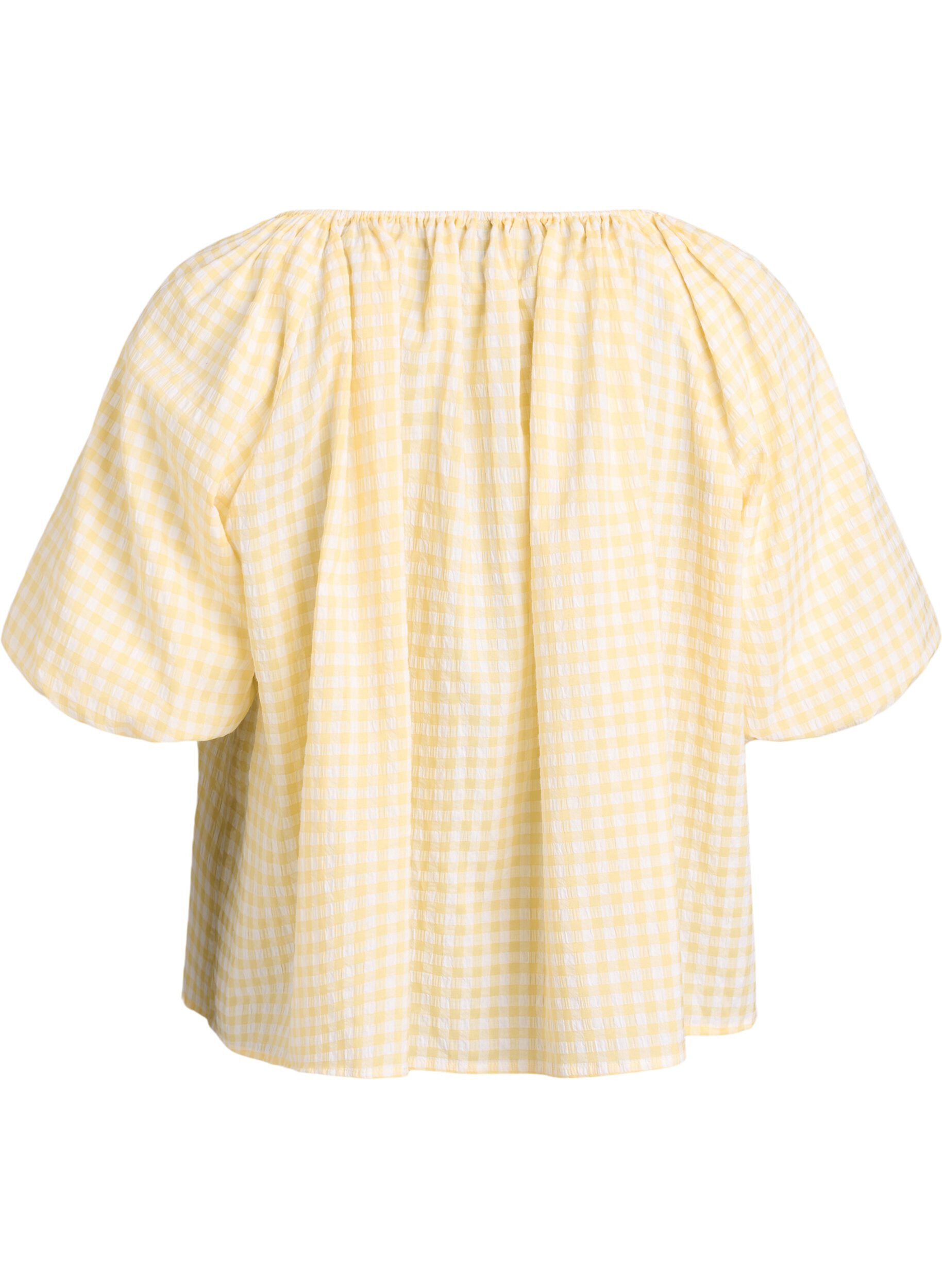 Zizzifashion Small check blouse with an elasticated neckline and elbow-length sleeves, Yellow, Packshot image number 1