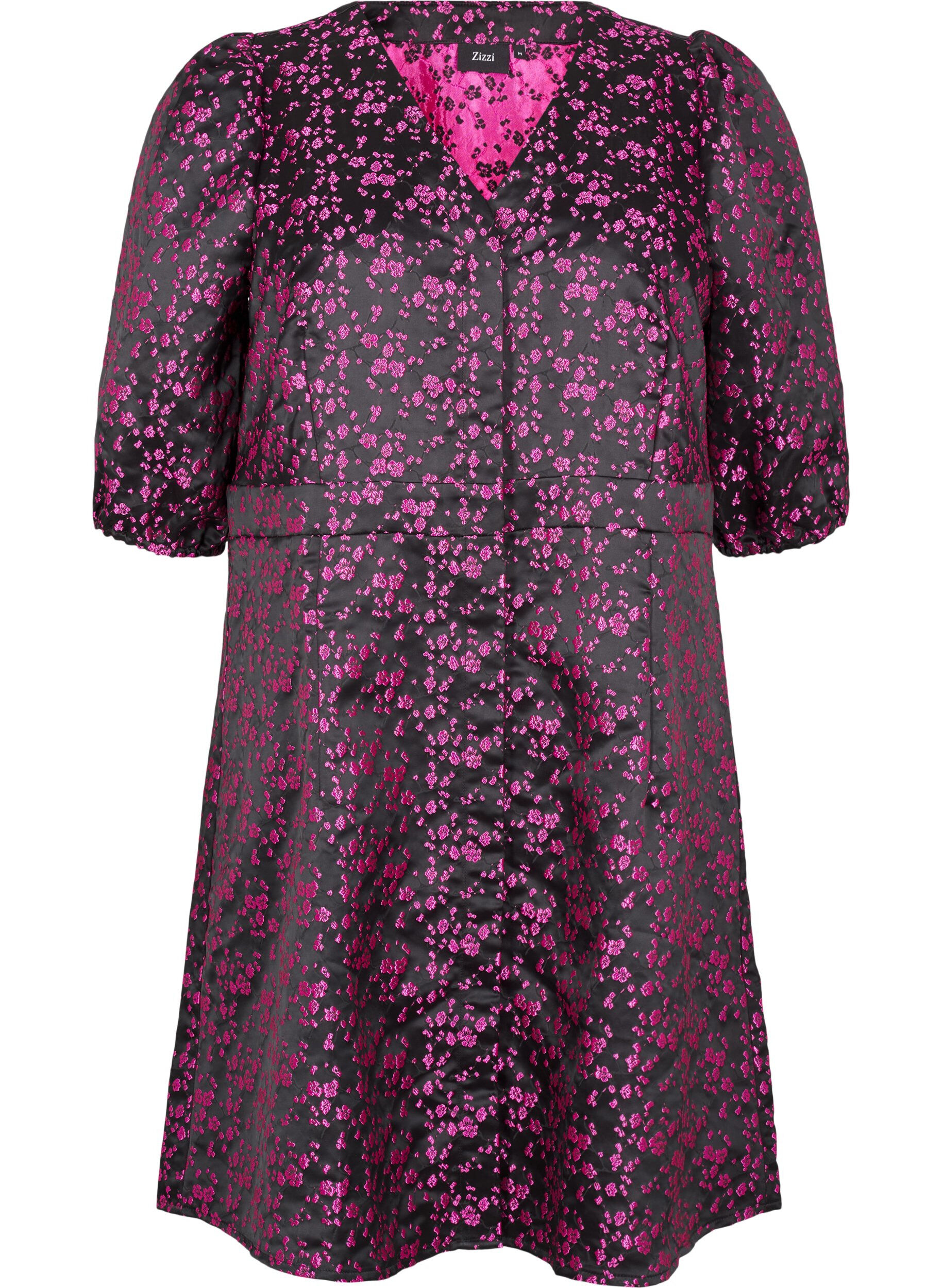 Zizzifashion Knee-length dress with embroidered flowers, Black Pink Flower, Packshot image number 0
