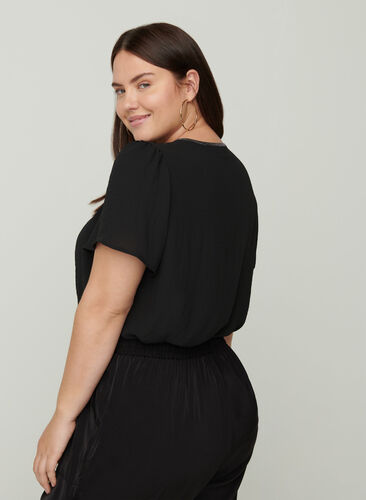 Plain, short-sleeved blouse, Black, Model image number 1