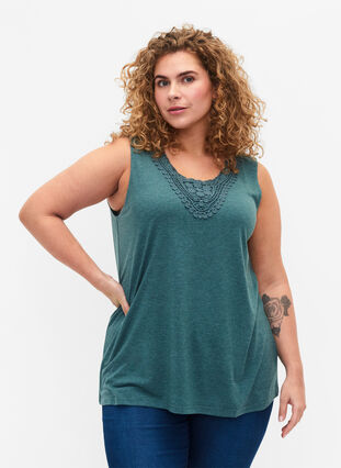 Sleeveless top with lace, Sea Pine Melange, Model image number 0