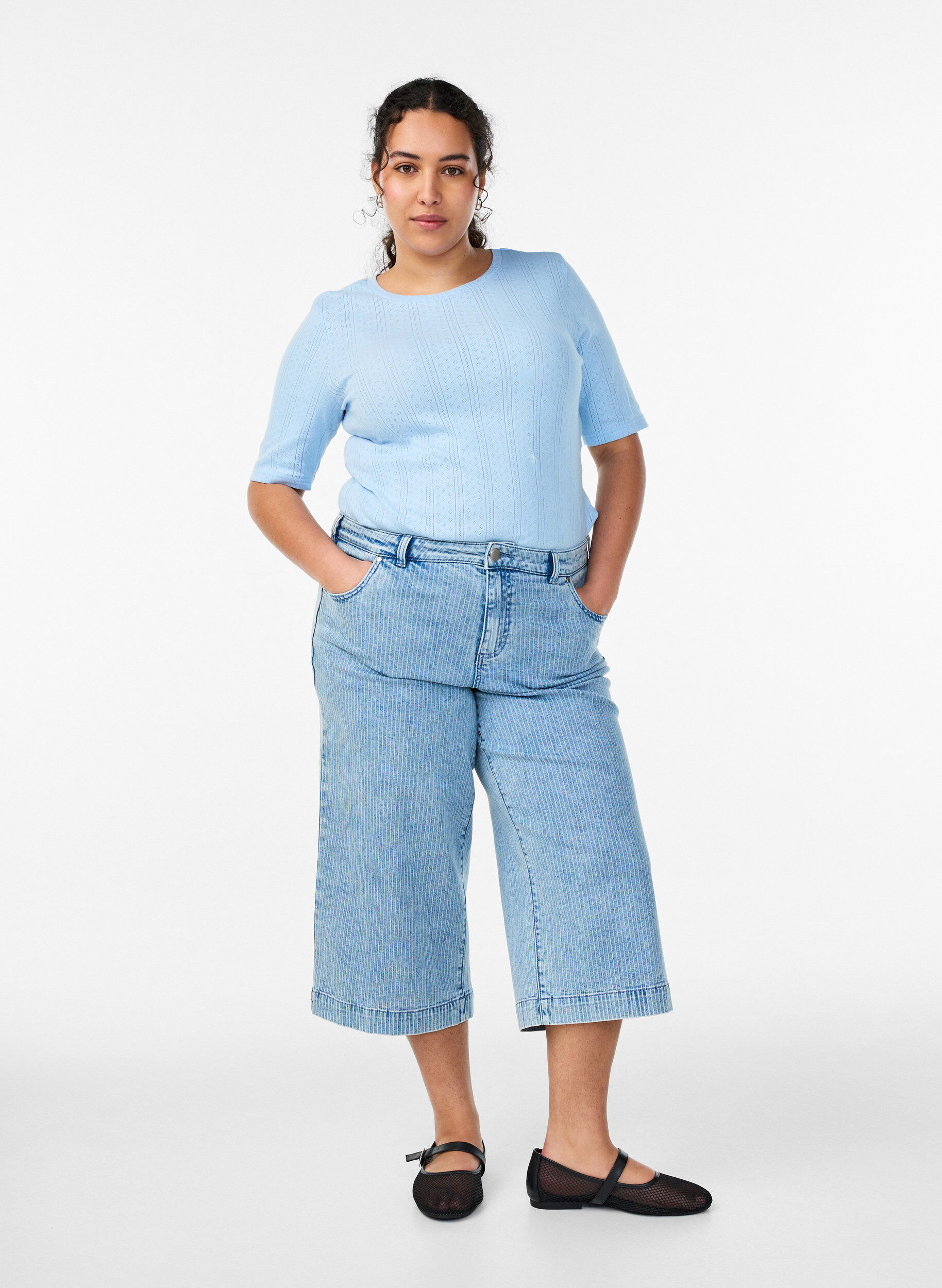 Zizzifashion Cotton T-shirt with eyelet embroidery, Light Blue, Model image number 1