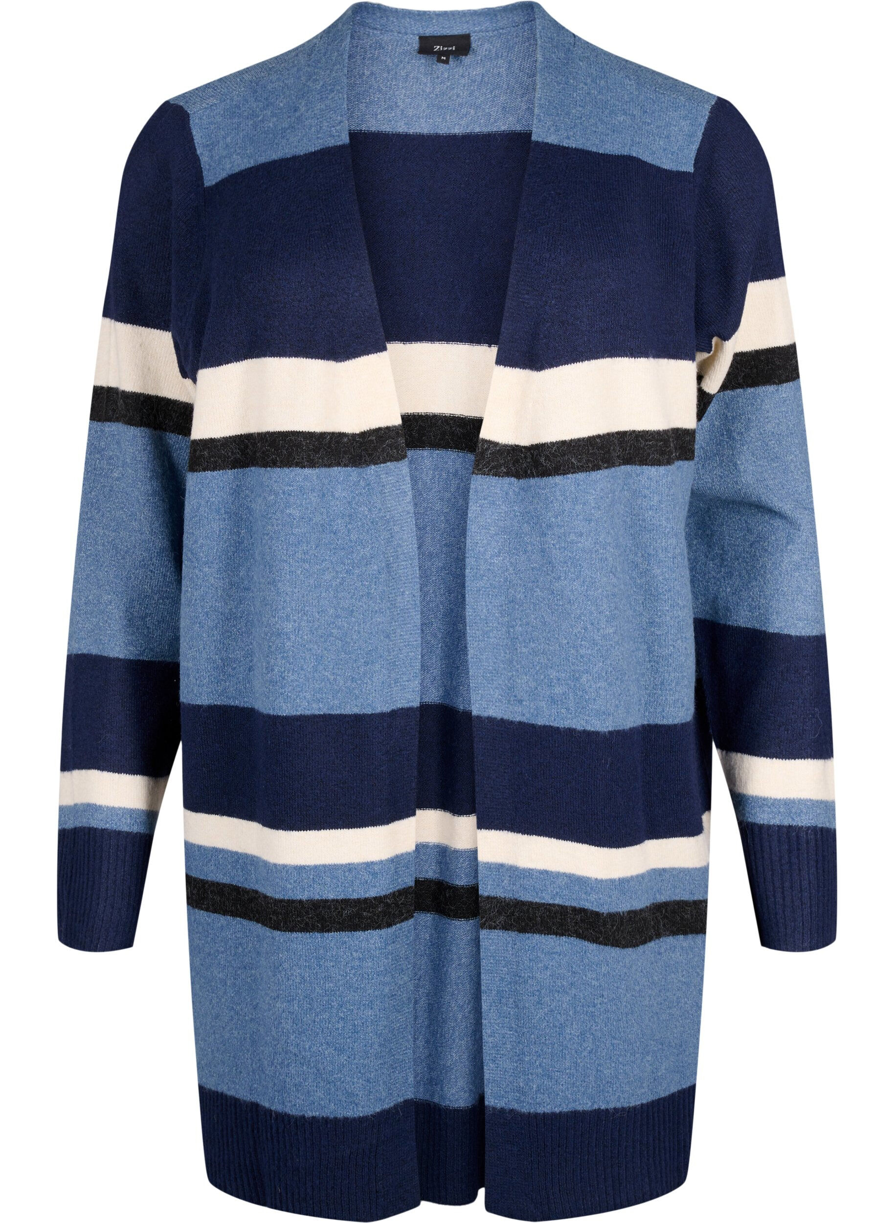 Zizzifashion Long knit cardigan with wide stripes, Blue, Packshot image number 0