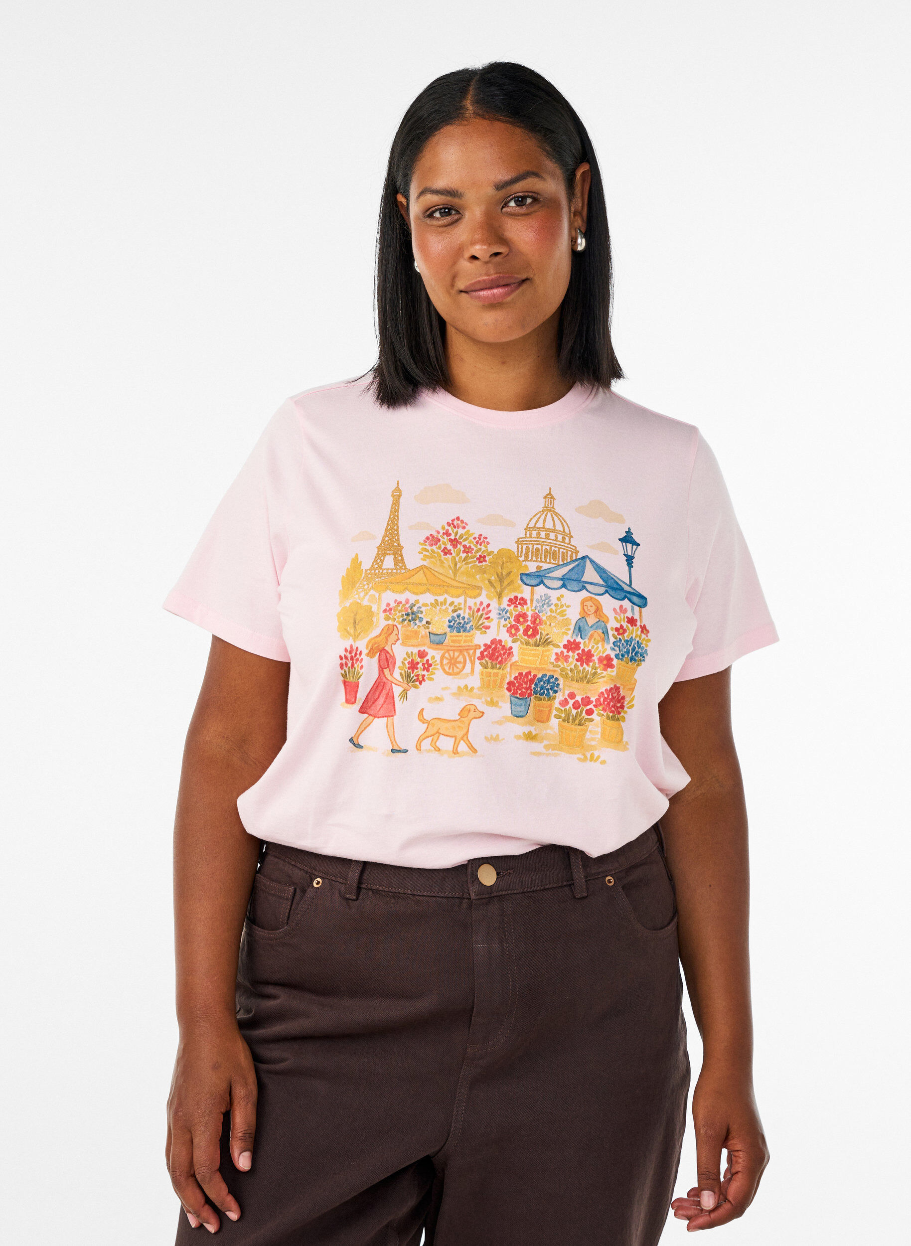 Organic cotton T-shirt with front print, Rose, Model