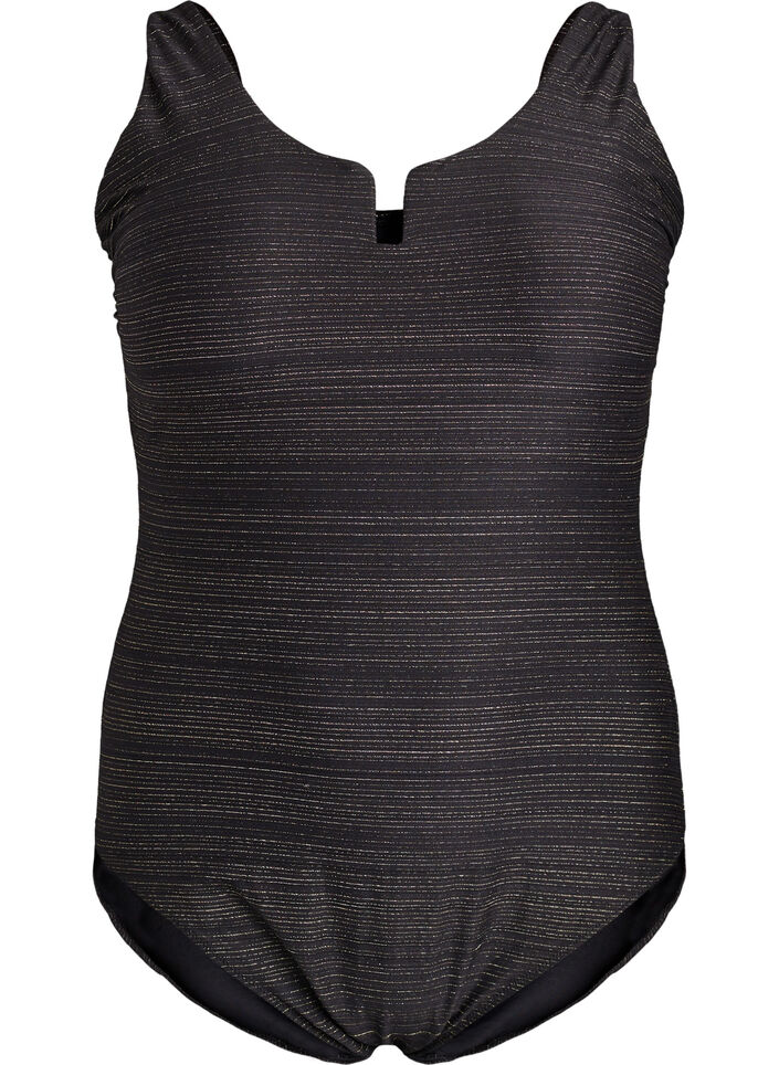 Swimsuit with textured stripe and front detail, Black, Packshot image number 0