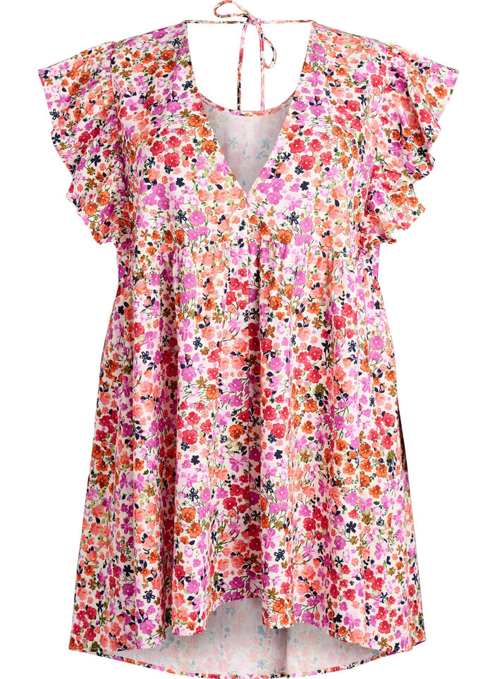 Floral cotton dress with ruffles and V-neck, Pink, Packshot image number 0