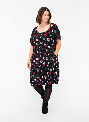 Short-sleeved viscose dress with print, Black Dot Flower, Model image number 2