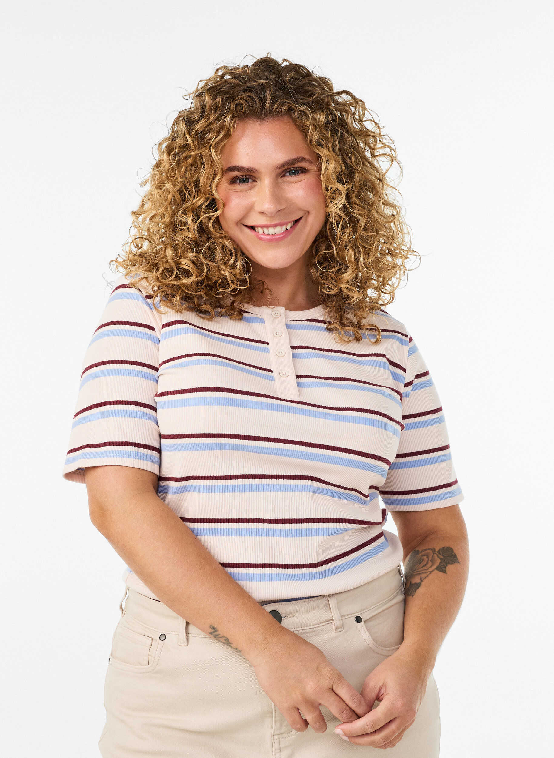 Zizzifashion Rib T-shirt with stripes and button detail, Purple, Model image number 0