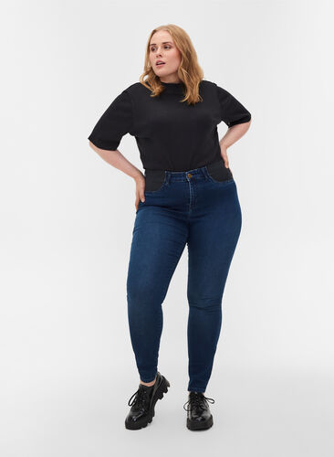Super slim Amy jeans with elasticated waist, Dark blue denim, Model image number 0