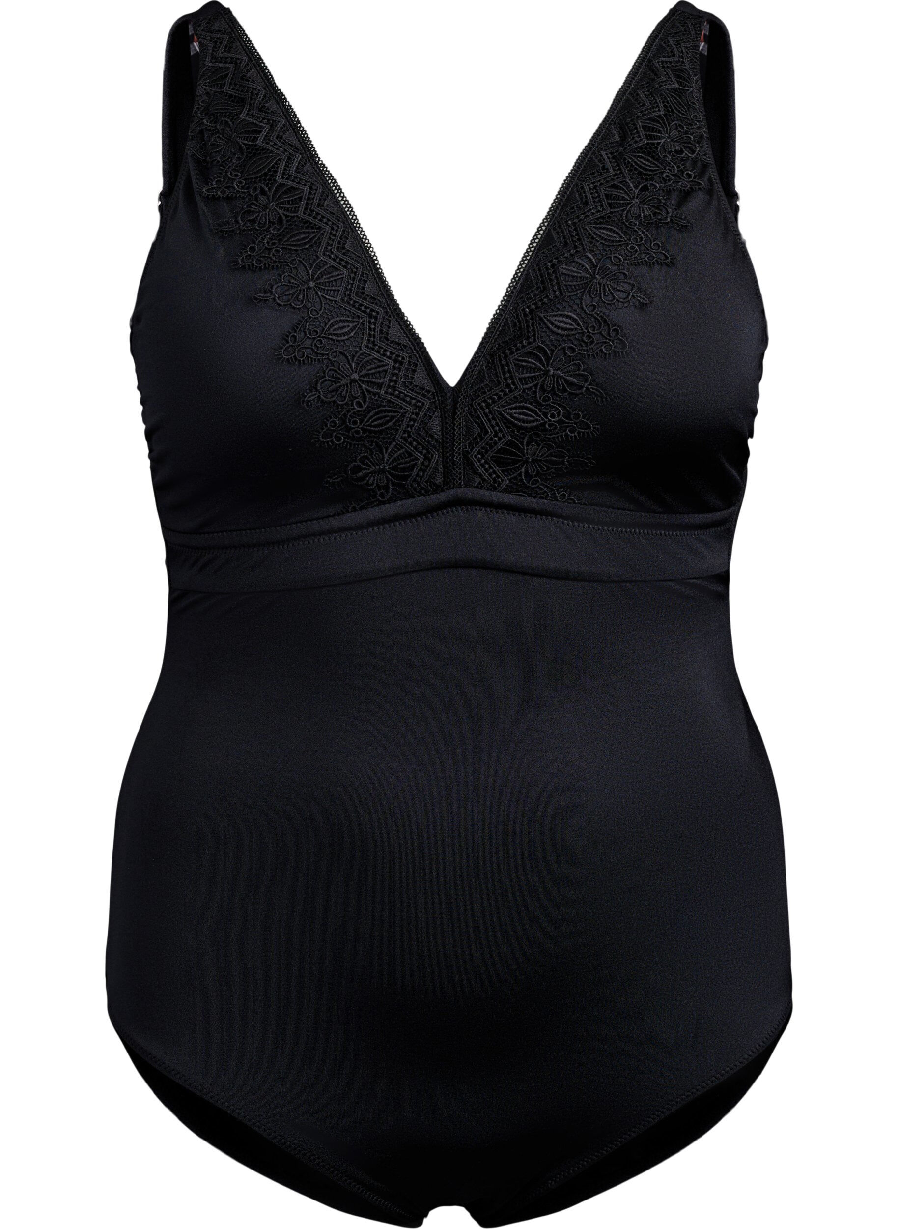 Zizzifashion Swimsuit with v-neck and embroidery, Black, Packshot image number 0