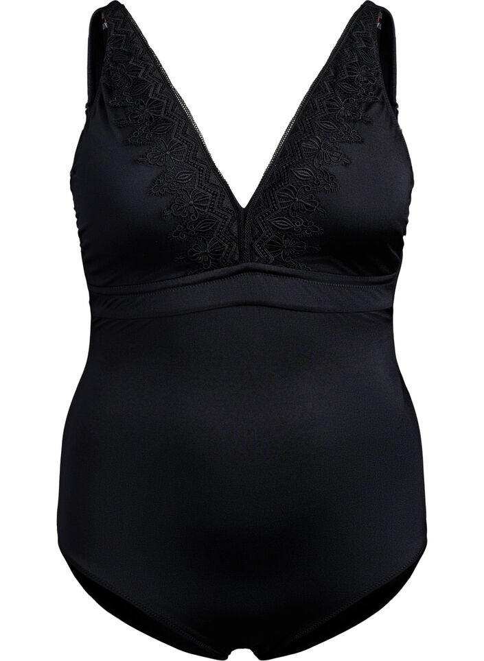 Swimsuit with v-neck and embroidery, Black, Packshot image number 0