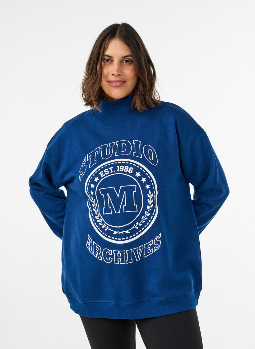 Sweatshirt with a high neck and sporty front motif, Blue, Model image number 0