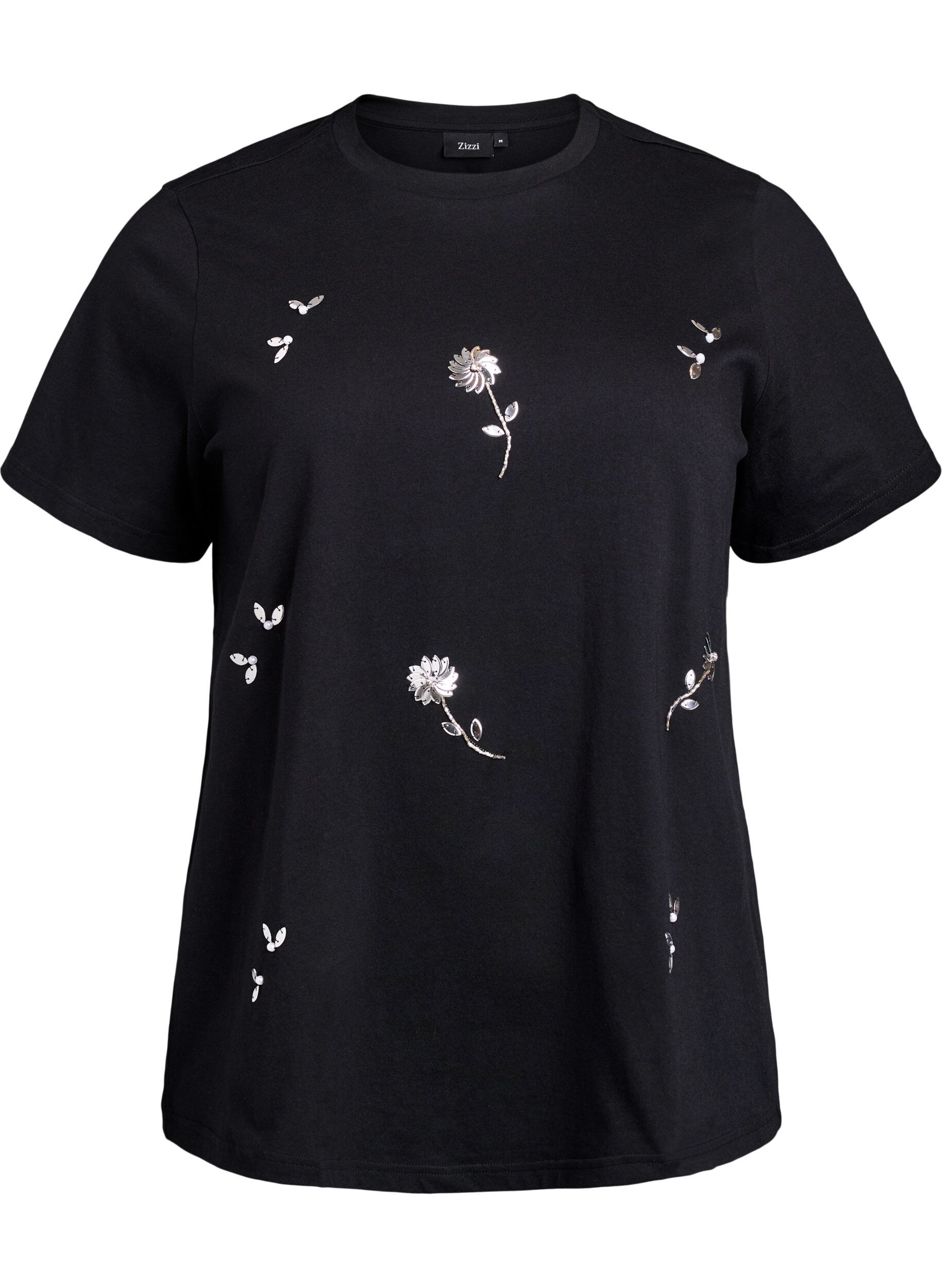Zizzifashion T-shirt with sequin flowers, Black, Packshot image number 0