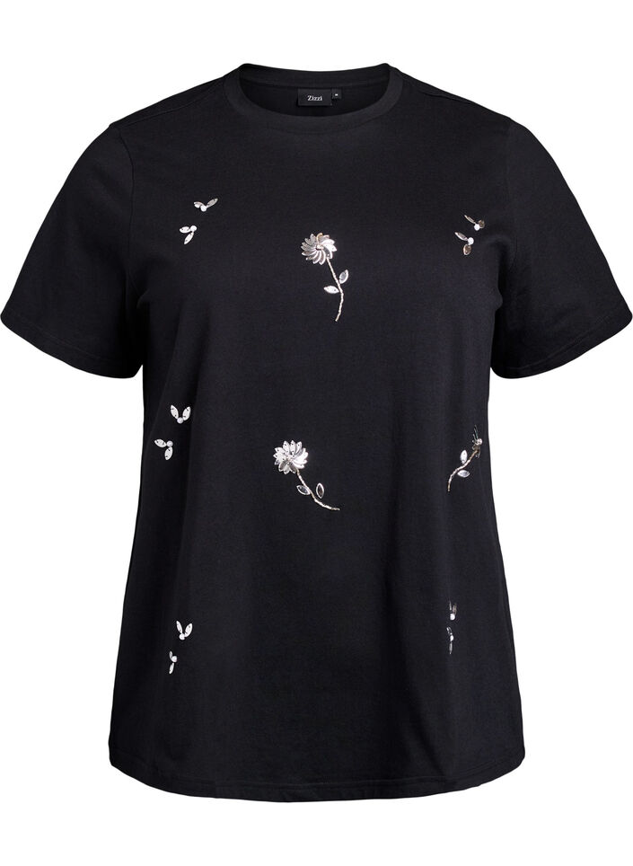 T-shirt with sequin flowers, Black, Packshot image number 0