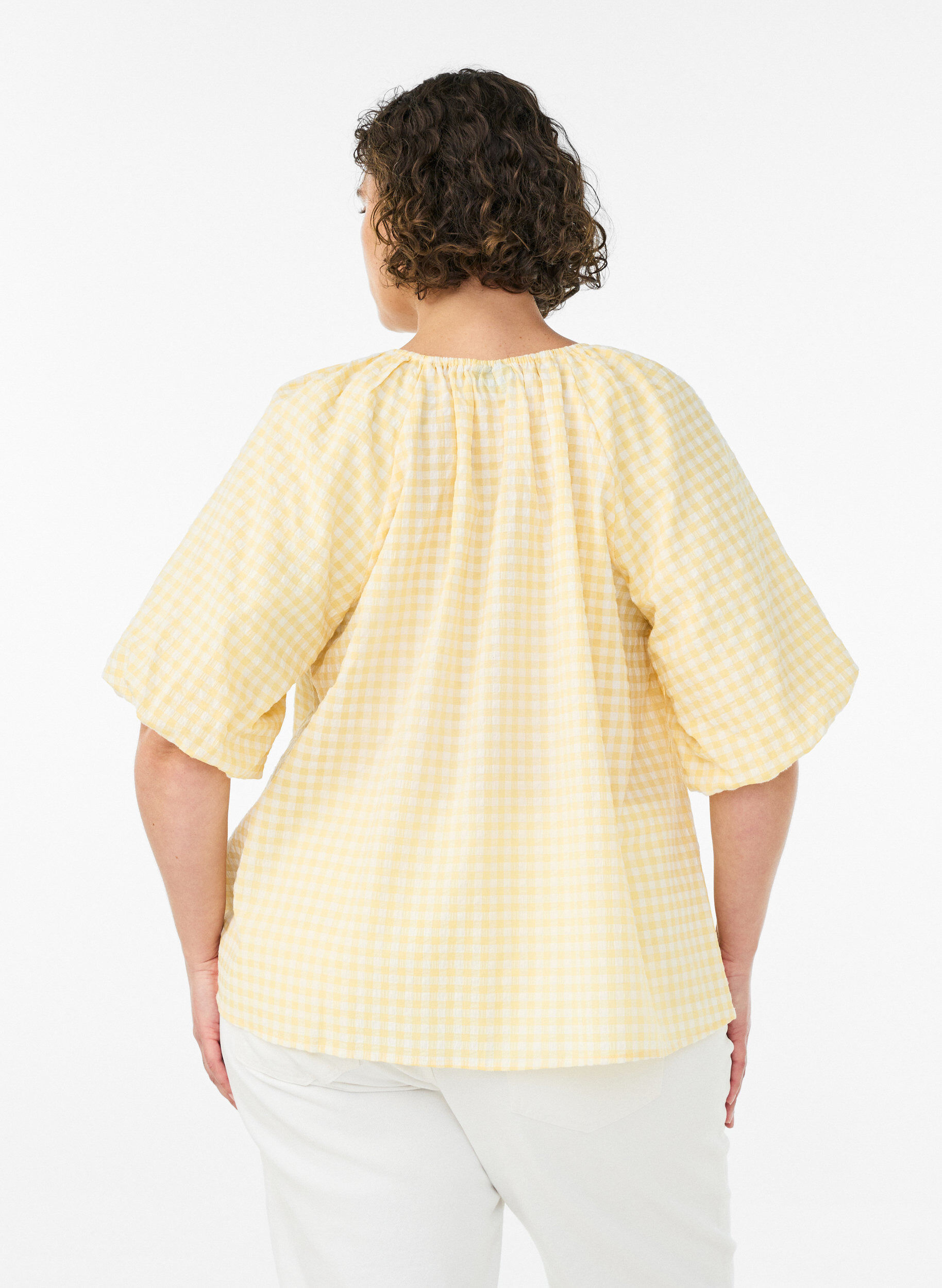 Zizzifashion Small check blouse with an elasticated neckline and elbow-length sleeves, Yellow, Model image number 2