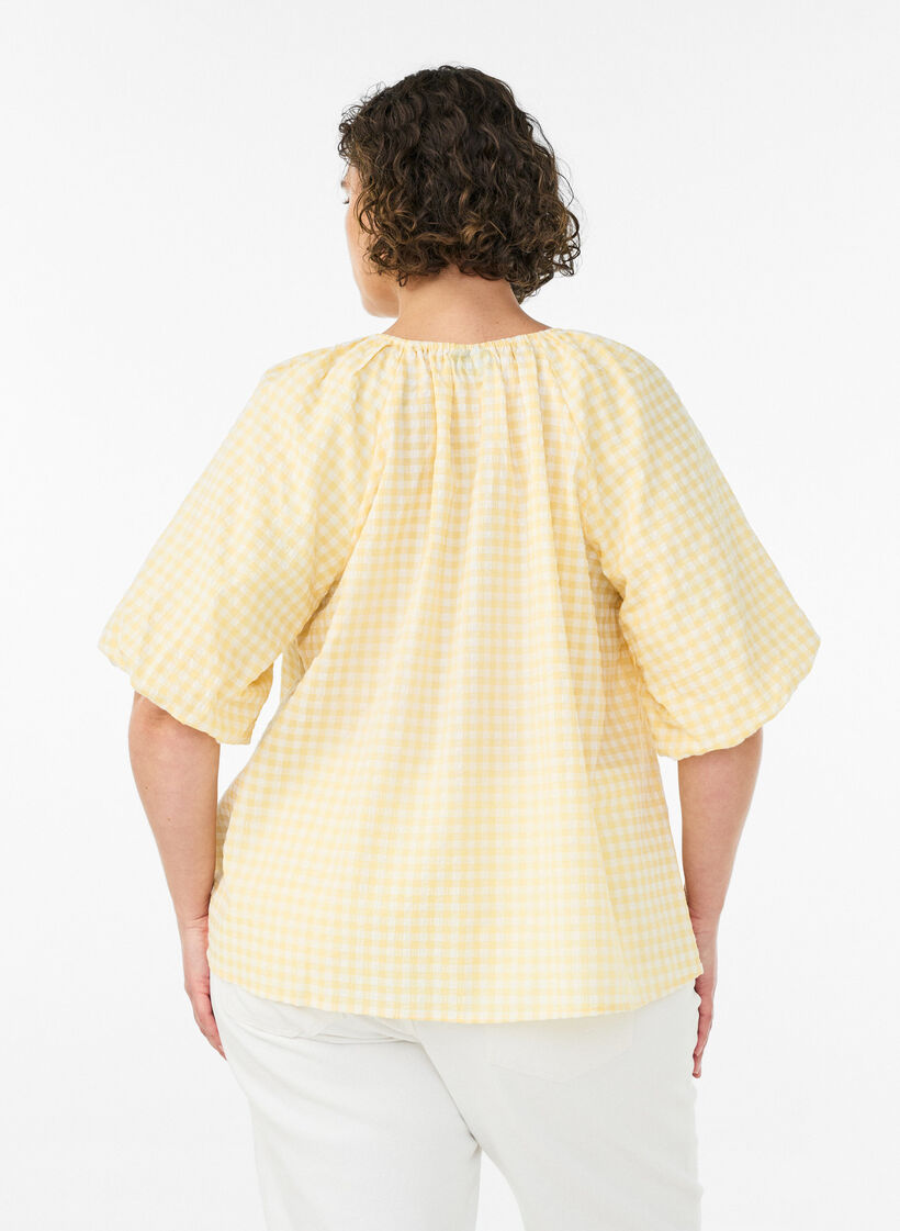 Small check blouse with an elasticated neckline and elbow-length sleeves, Yellow, Model image number 2