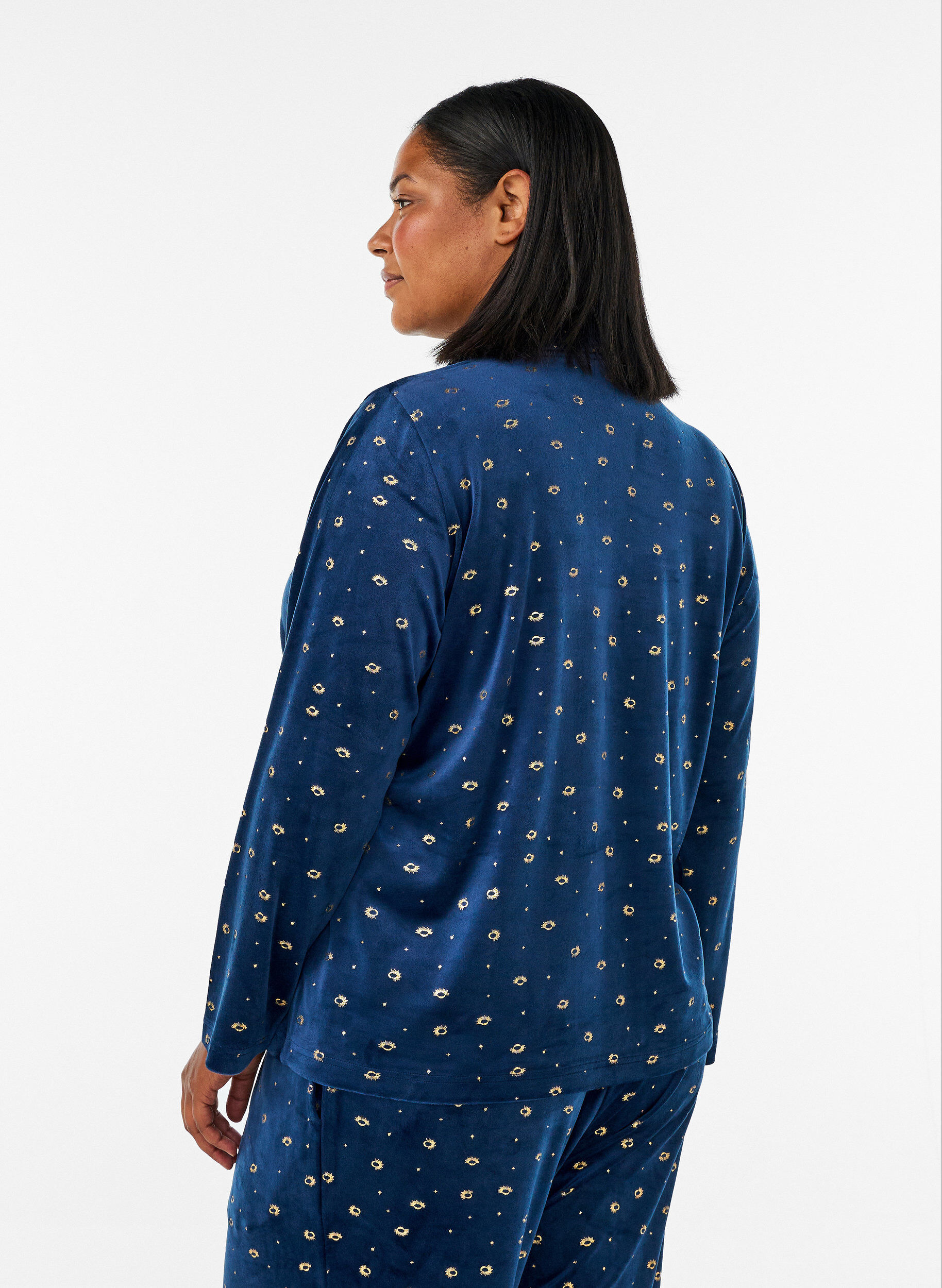 ZizzifashionVelour pyjama shirt with an all-over print, Blue, Model image number 2