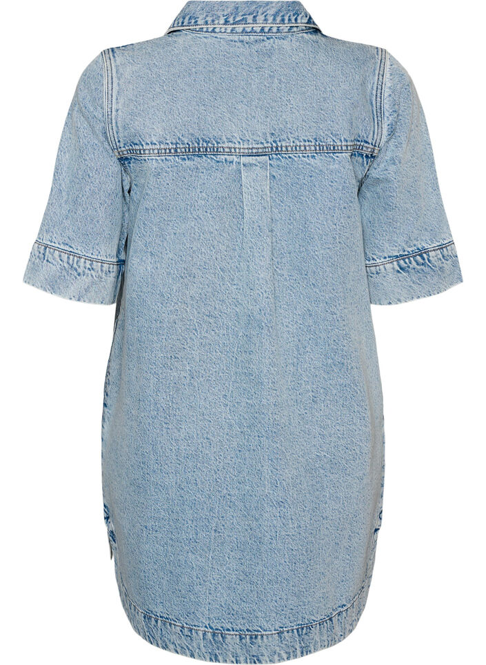 Short-sleeved denim dress with a collar and button fastening, Light Blue, Packshot image number 1