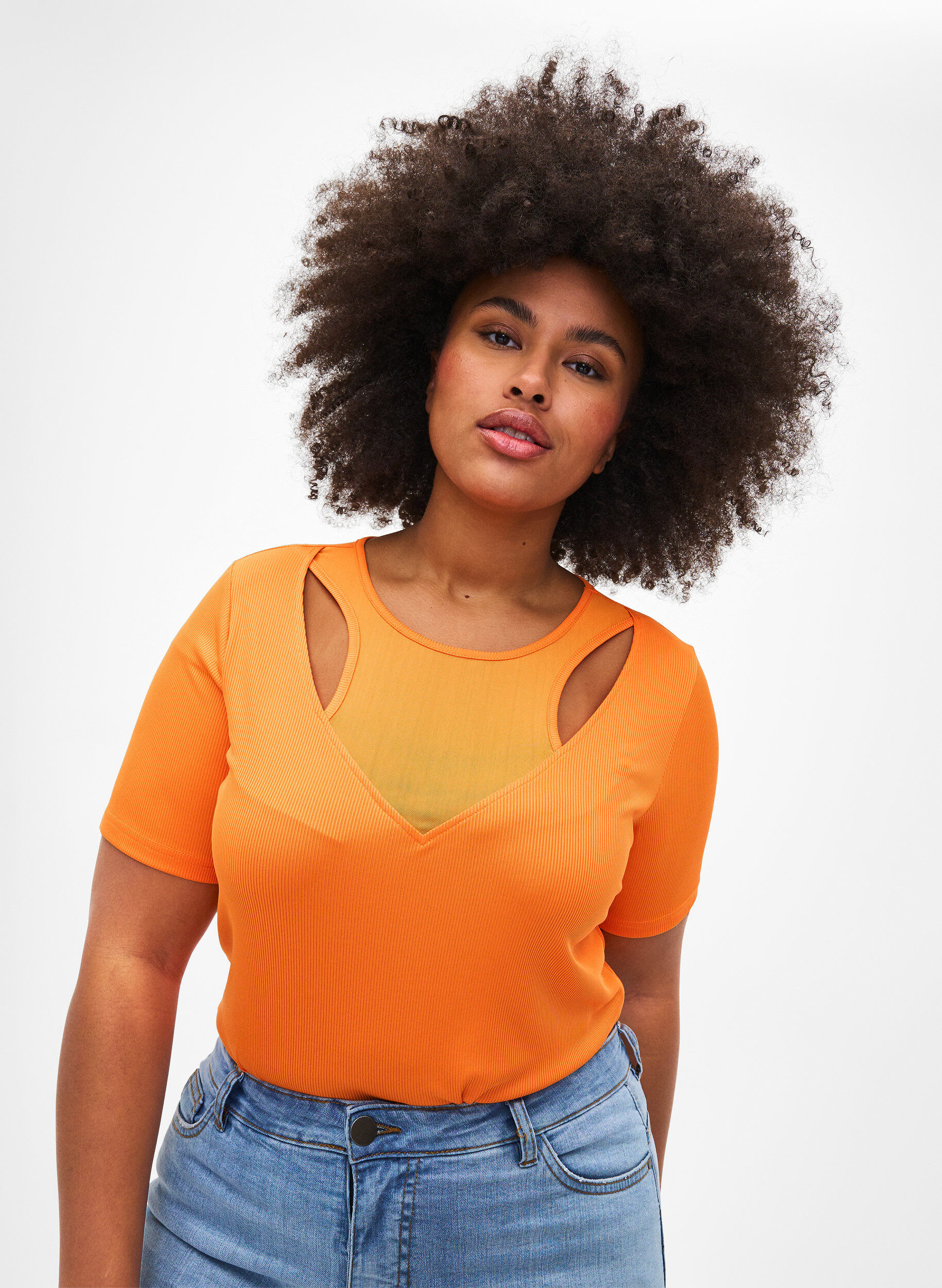 Zizzifashion Tight-fitting V-neck blouse with mesh detail, Vibrant Orange, Model image number 0