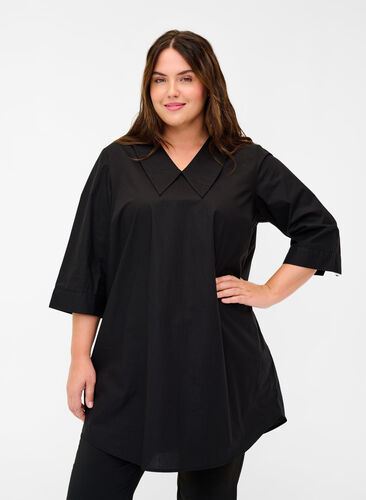 Cotton tunic with large collar, Black, Model image number 0