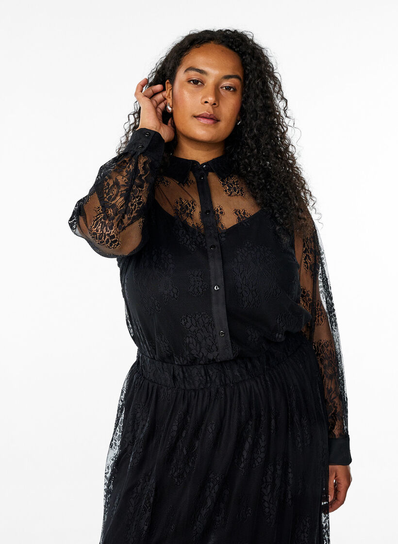 Transparent lace shirt with long sleeves, Black, Model image number 0