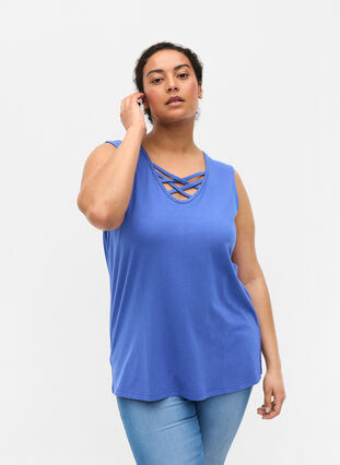 V-neck top with cross details, Dazzling Blue, Model image number 0