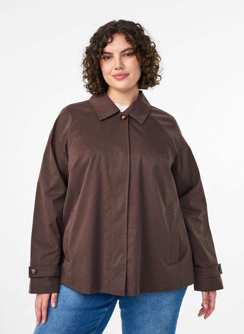 Short trench coat with collar and raglan sleeves, Brown, Model image number 0