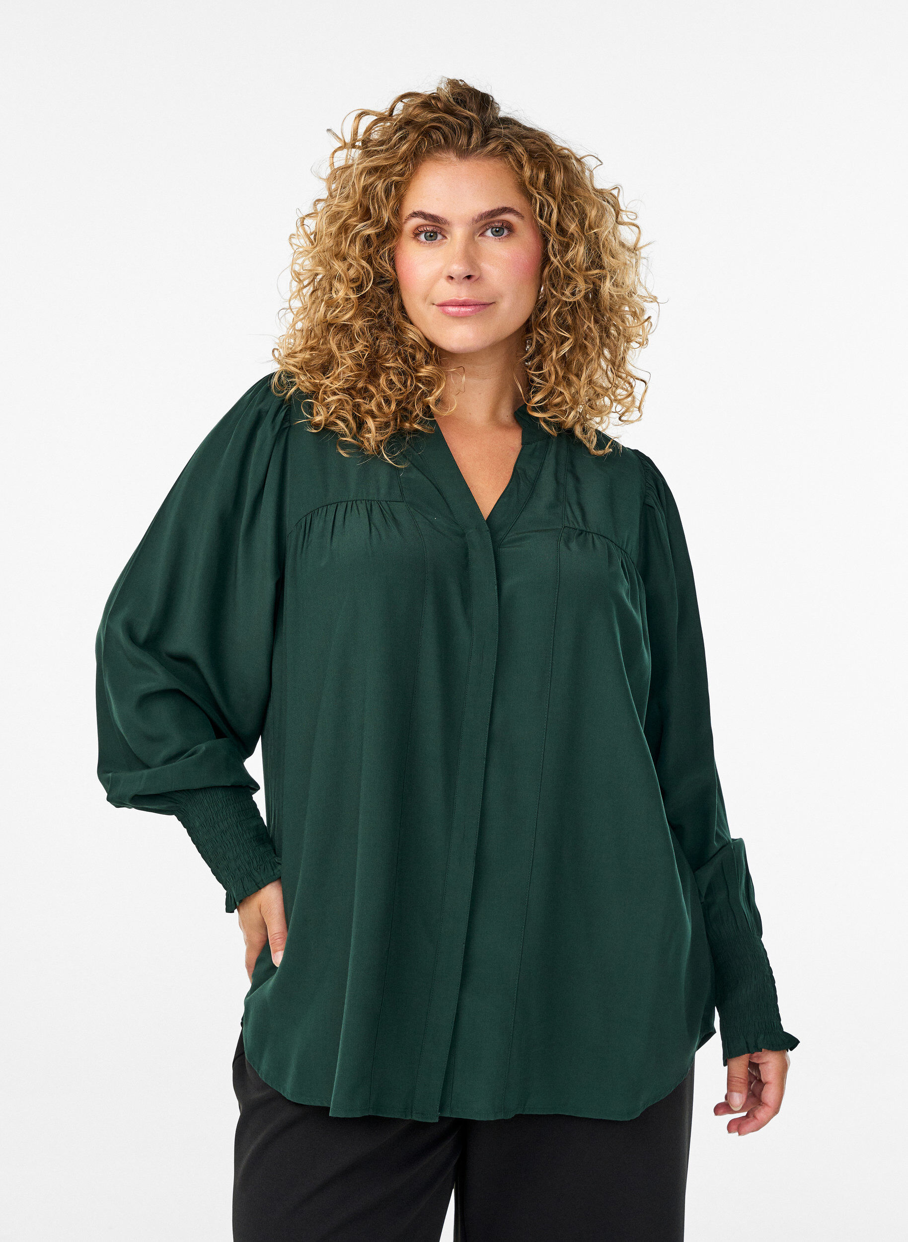 Zizzifashion Blouse with ruffle collar and ruching, Green, Model image number 0