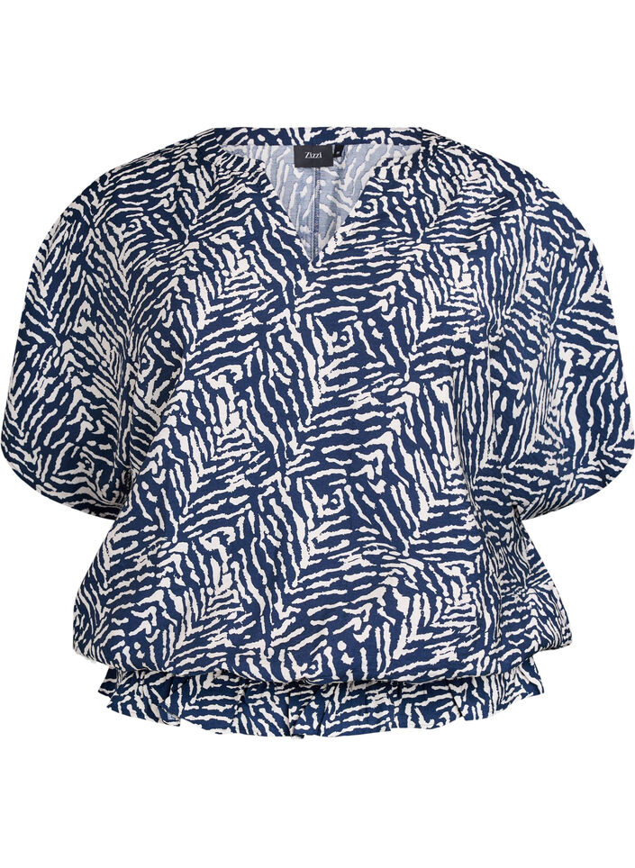 Blouse with short sleeves and a ruffled hem, Blue, Packshot image number 0