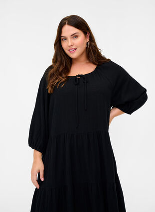 Cotton dress with 3/4 sleeves and tie detail, Black, Model image number 2