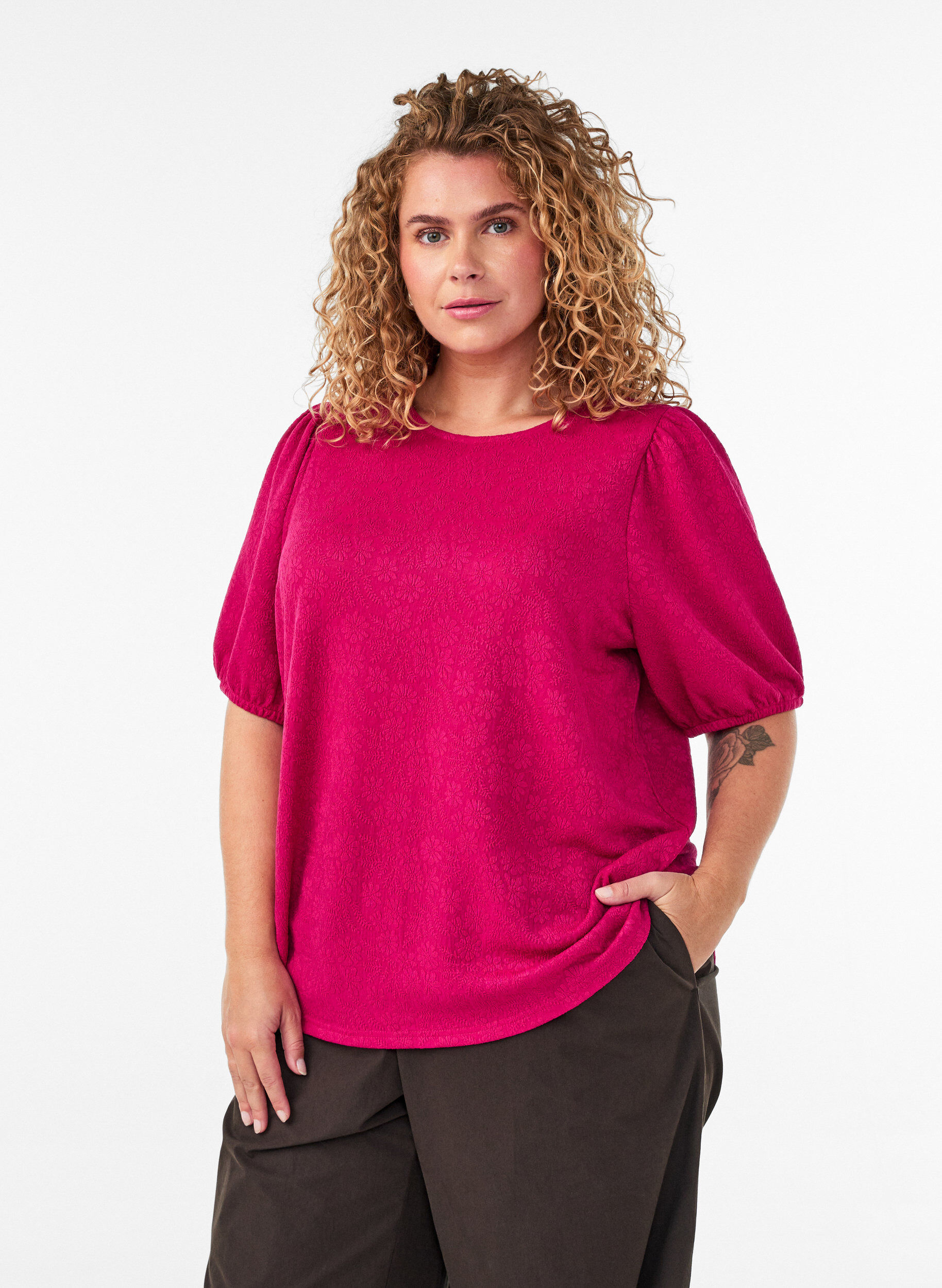Zizzifashion Blouse with texture and short sleeves, Pink, Model image number 0
