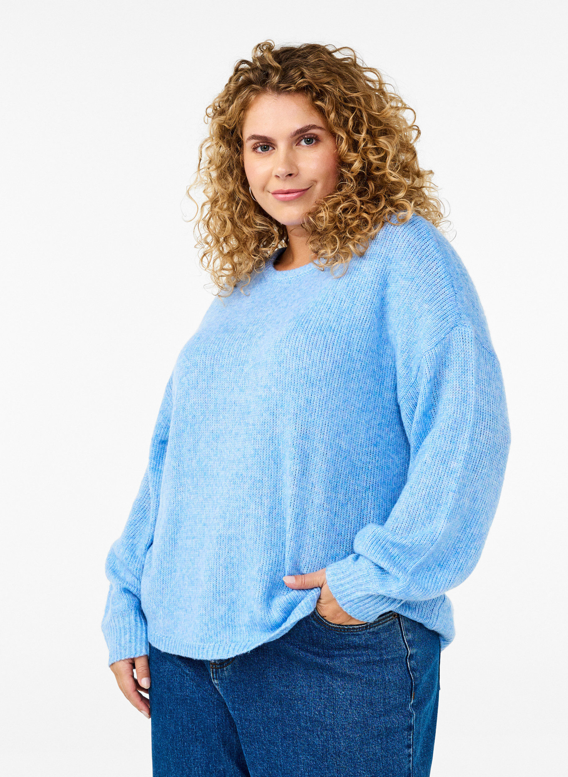 Zizzifashion Long-sleeved knitted jumper with wool and a round neck, Della R. Blue Mel., Model image number 0