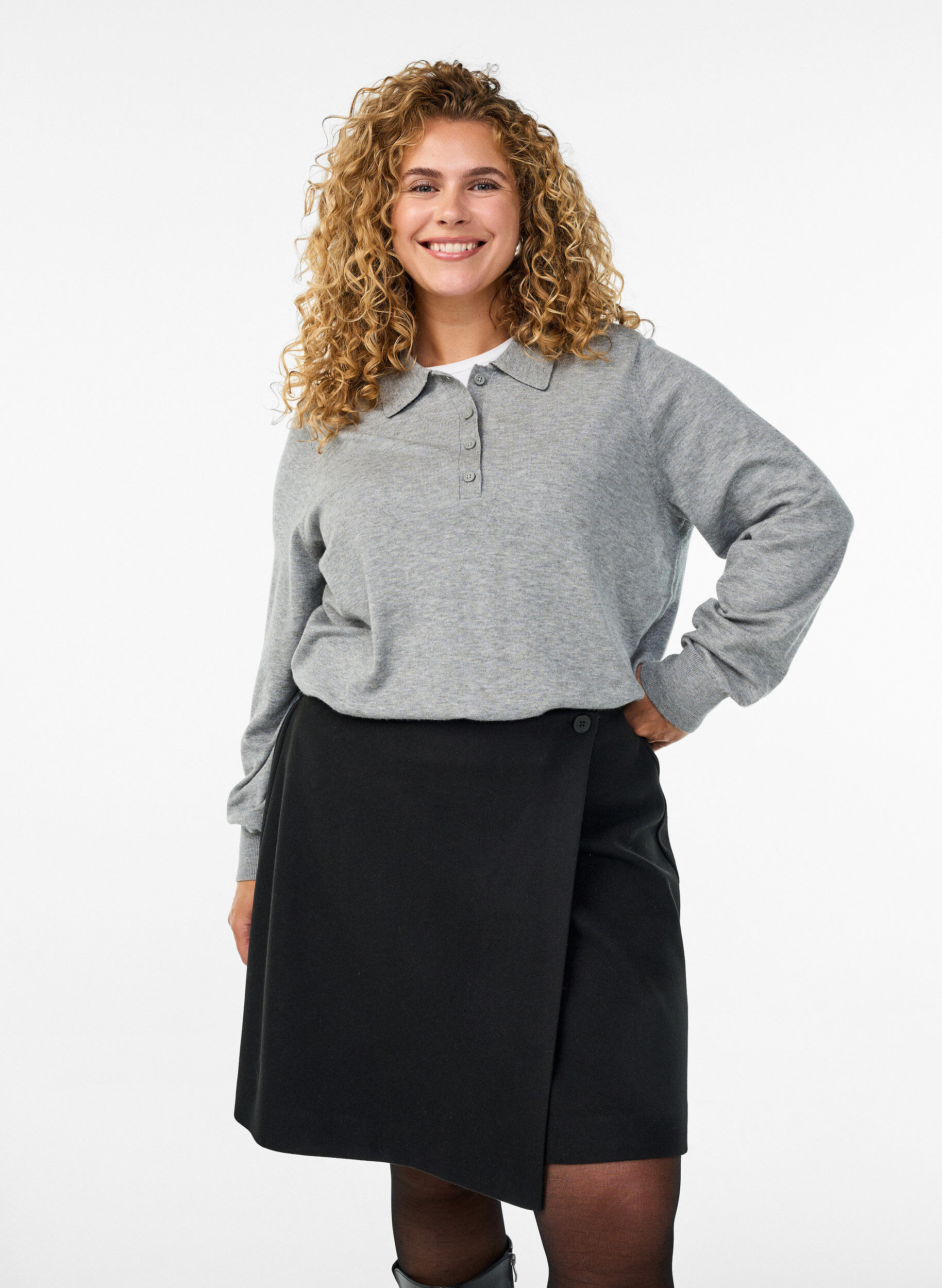 Wrap mini skirt with button detailing, Black, Model