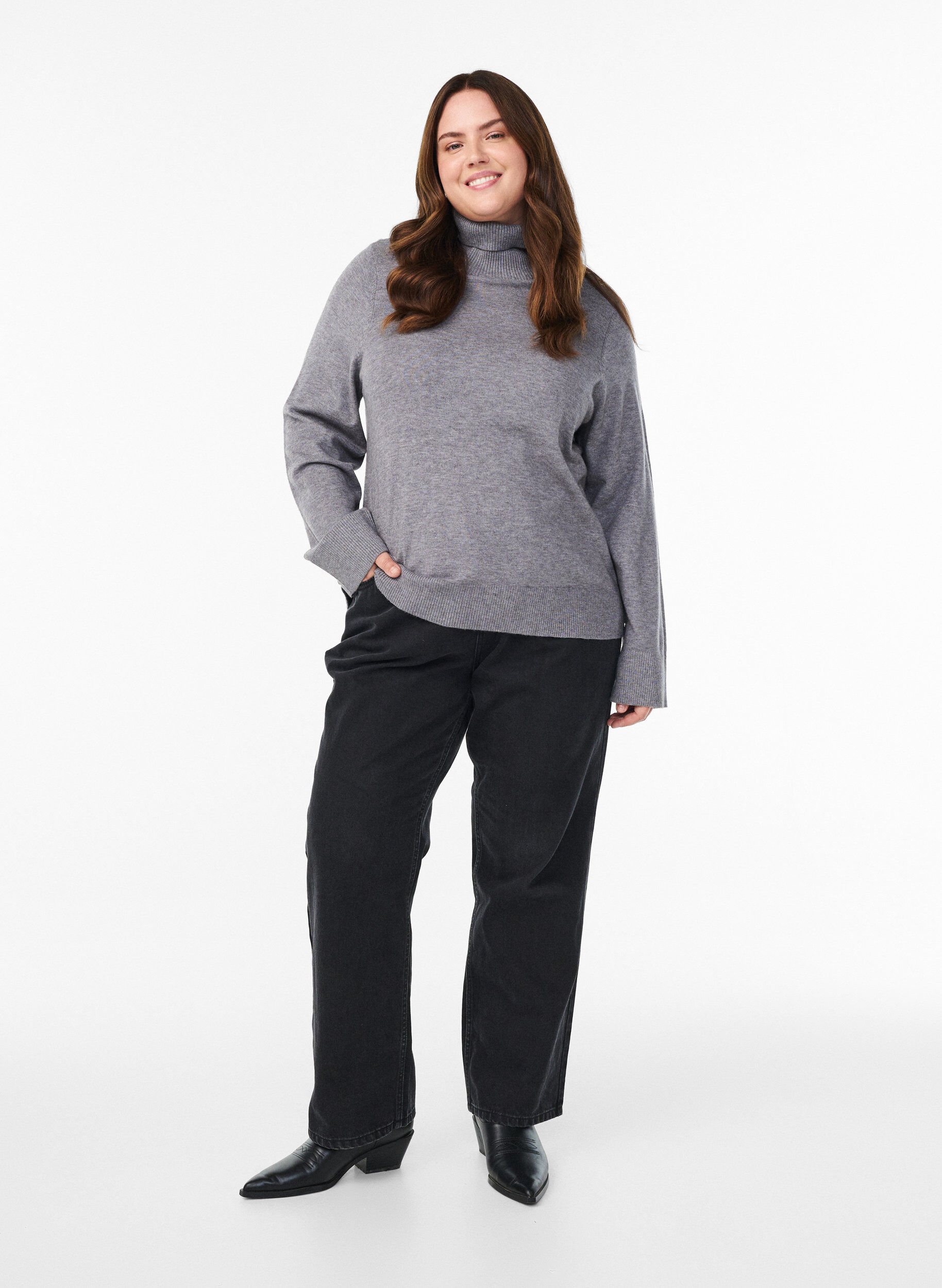 Zizzifashion Knitted blouse with turtleneck and side buttons, Grey, Model image number 1