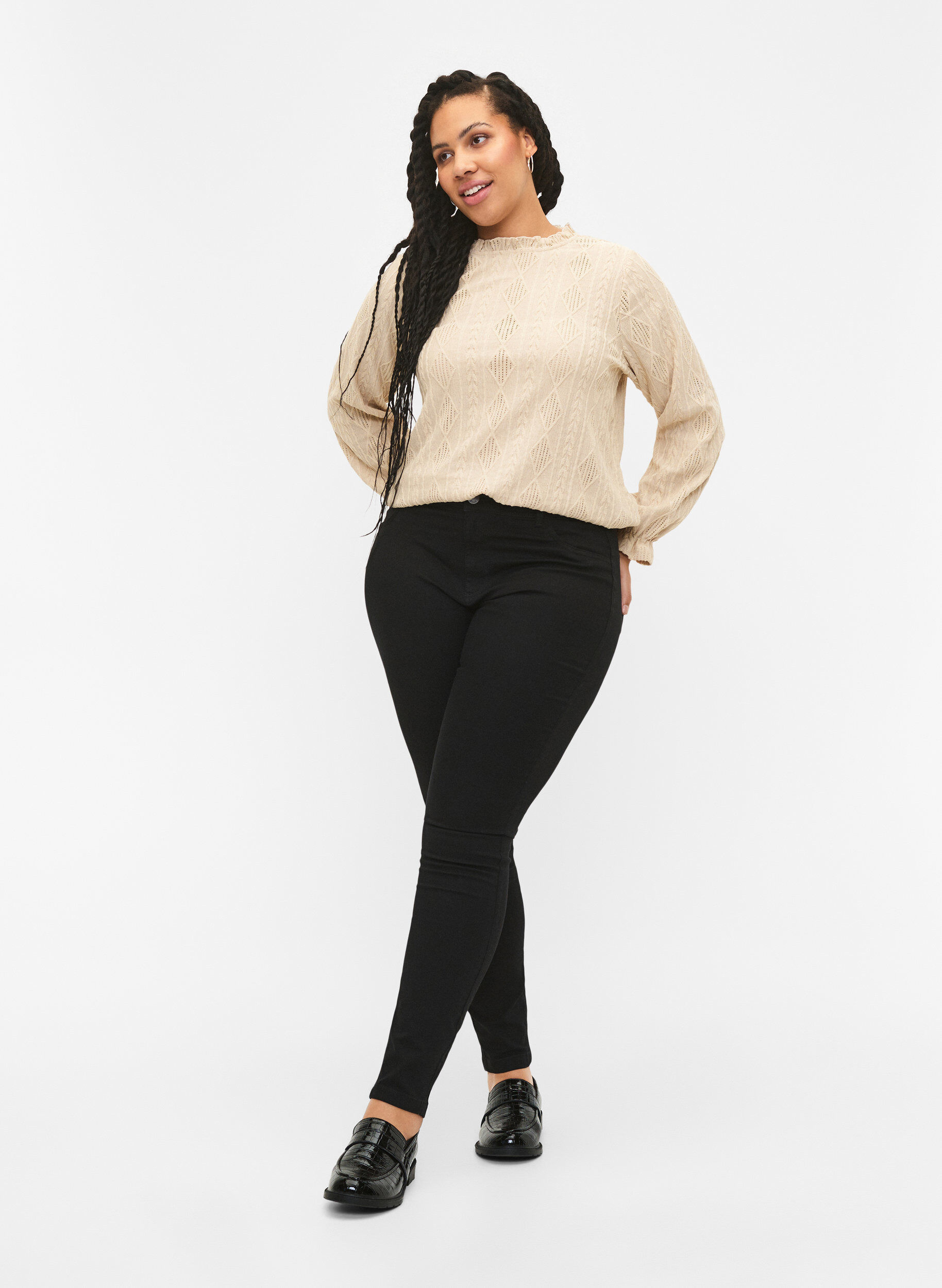 Zizzifashion Blouse with ruffle details and tone-on-tone pattern, Sand, Model image number 2