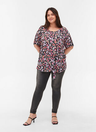 Short-sleeved viscose blouse with floral print, Flower AOP, Model image number 2