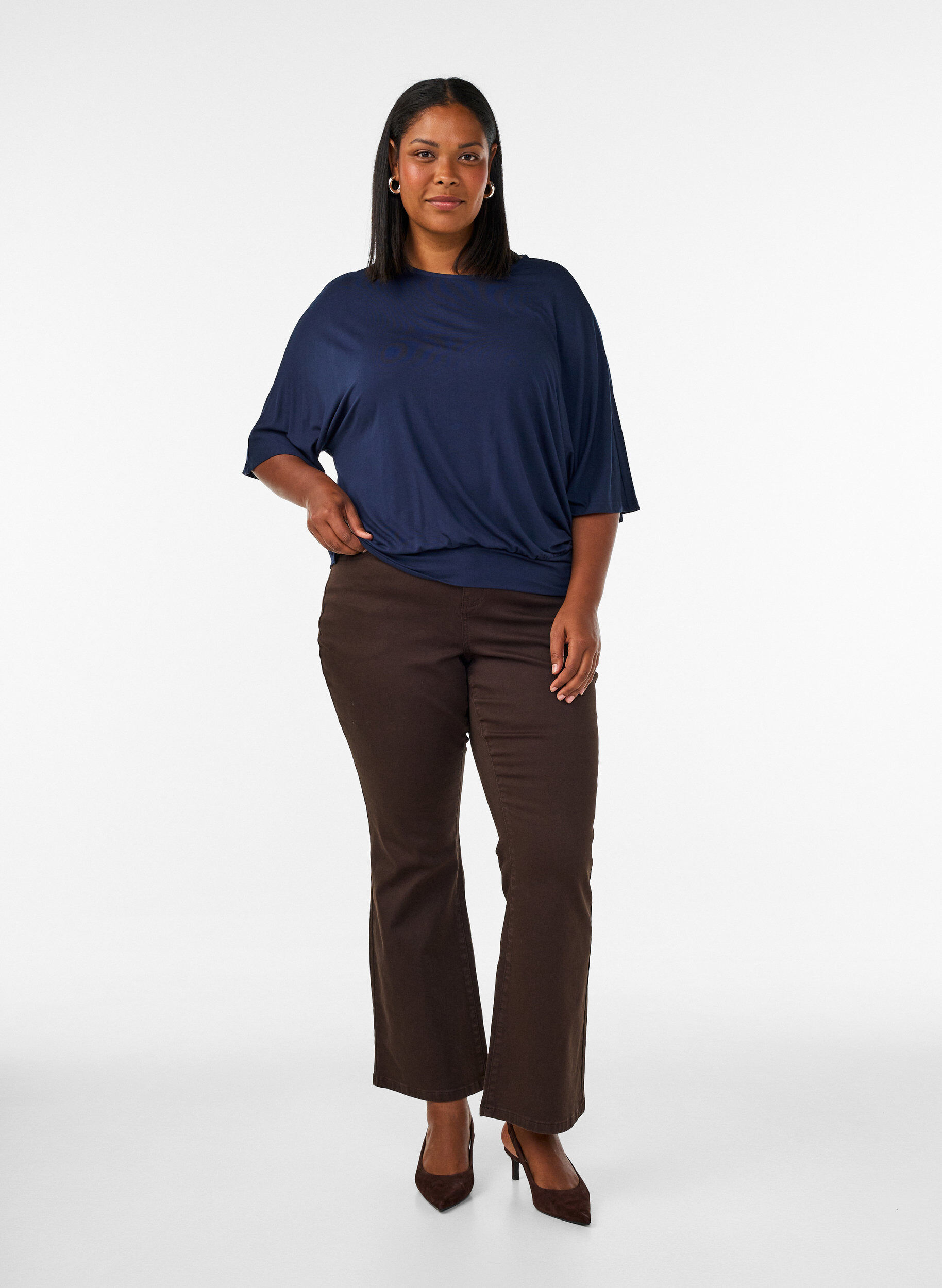 ZizzifashionJersey blouse with elbow-length balloon sleeves, Blue, Model image number 1