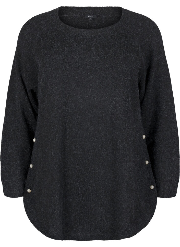 Knitted blouse with bead details, Dark Grey Melange, Packshot image number 0
