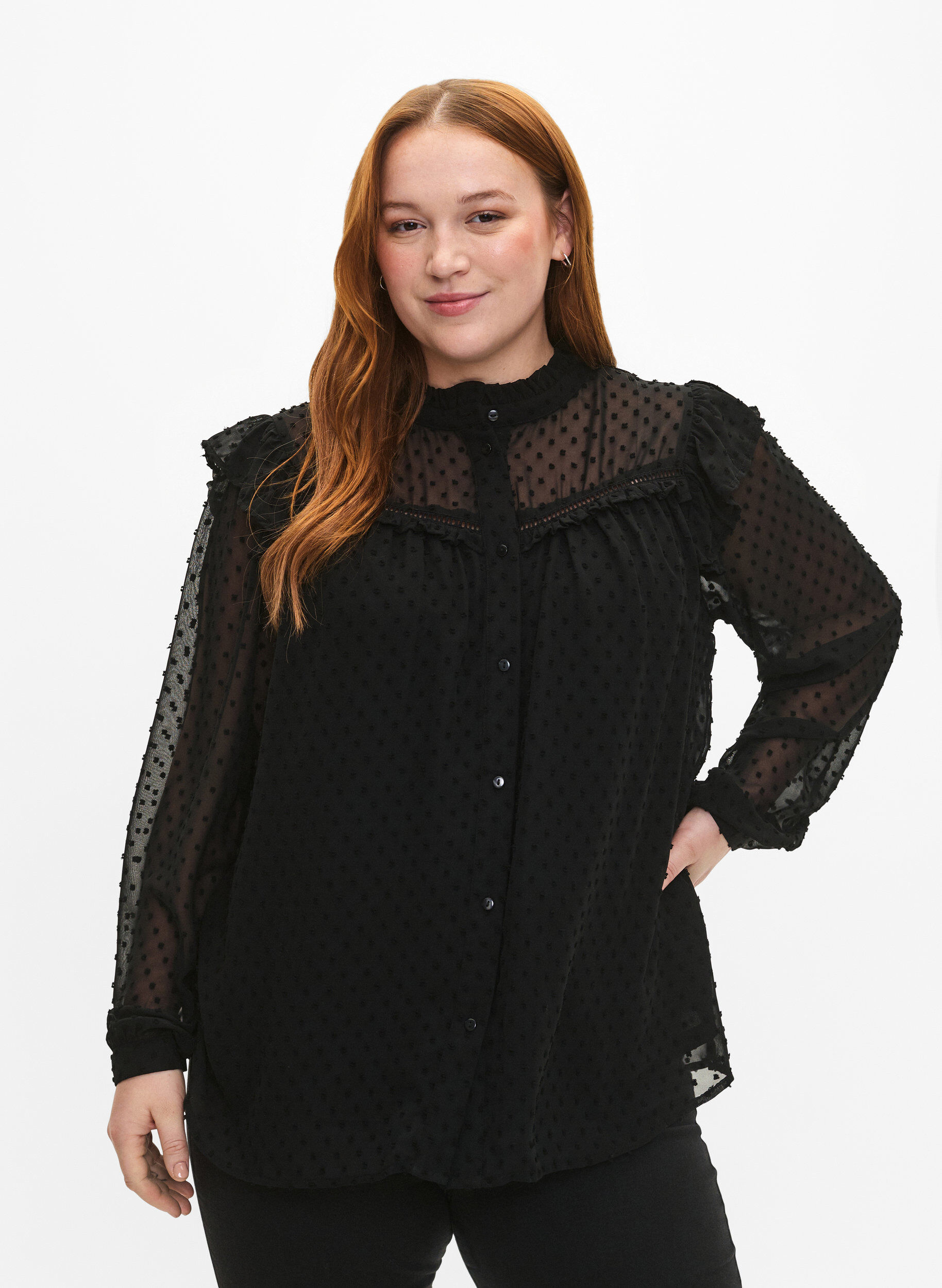 Zizzifashion Shirt blouse with ruffles and dotted texture, Black, Model image number 0