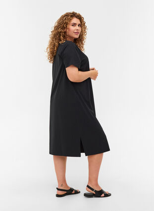 Short-sleeved dress in cotton with slit, Black, Model image number 1