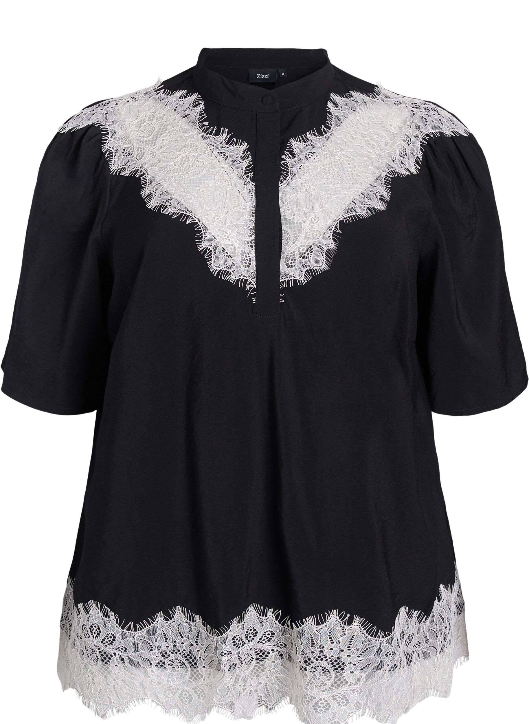 Short-sleeved shirt blouse with lace details