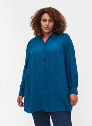 Long, solid-coloured, viscose blend shirt, Moroccan Blue, Model image number 0