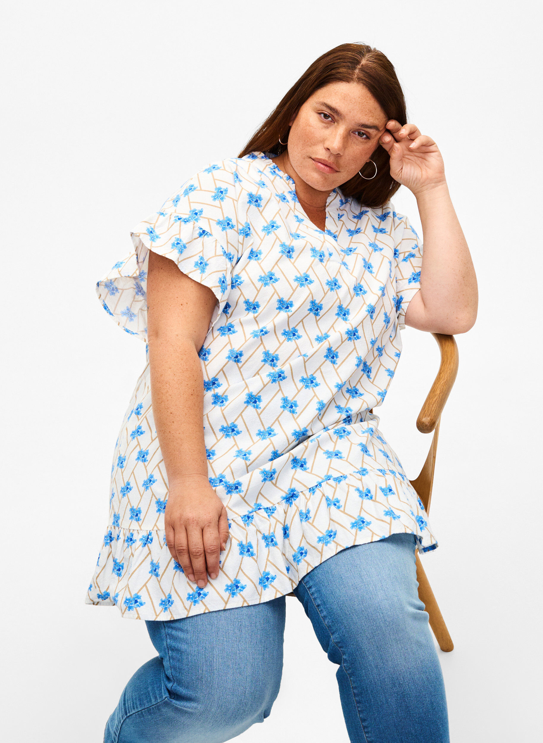 Zizzifashion Floral cotton tunic in cotton, Snow White Flower, Image image number 0