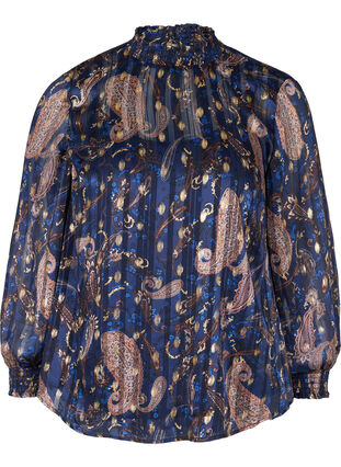 Printed high neck blouse with smocking, Paisley Foil, Packshot image number 0