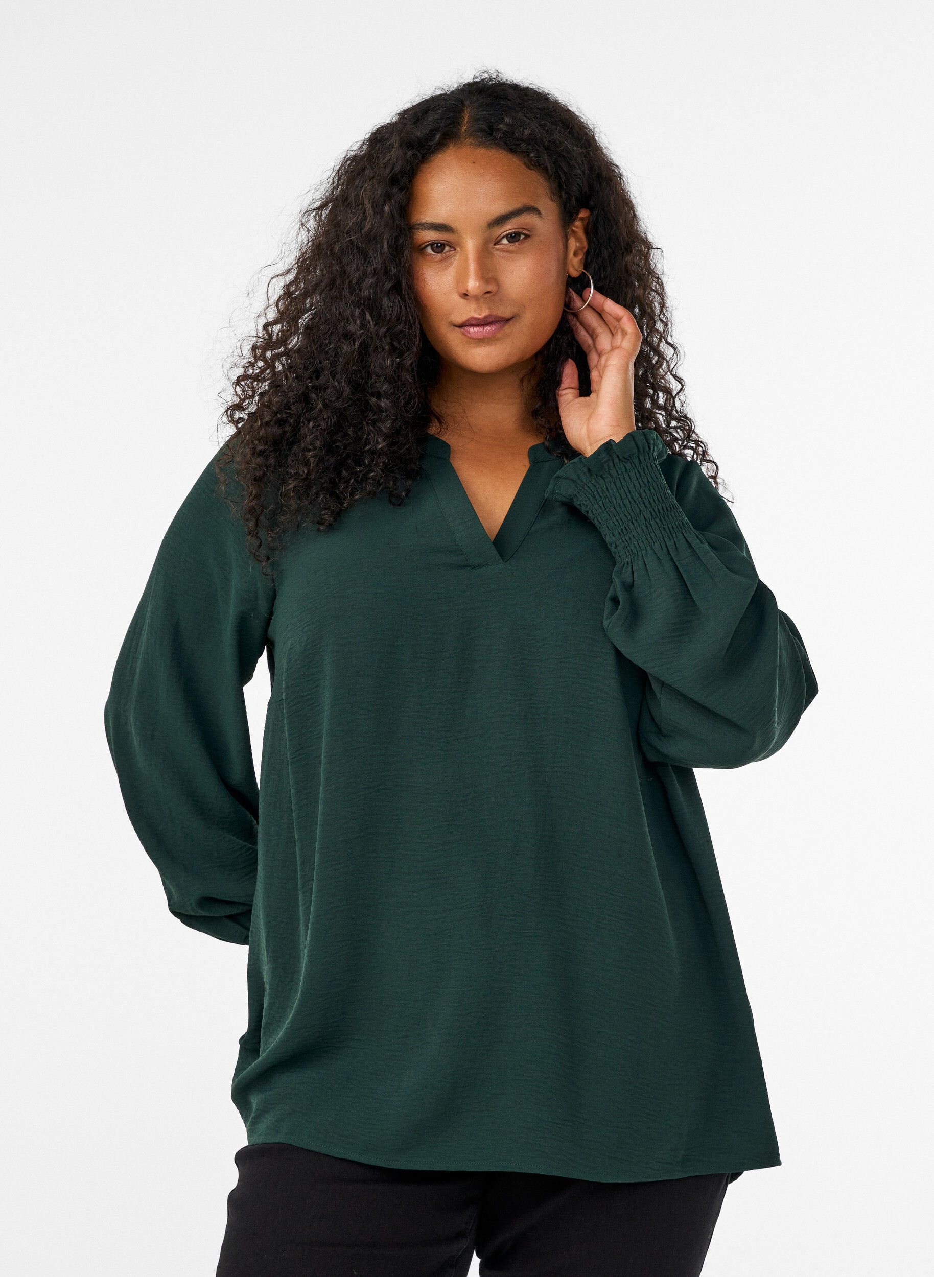 ZizzifashionBlouse with smock cuffs and V-neck, Green, Model image number 0