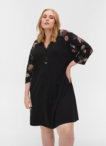 Organic cotton nightdress with print details, Black AOP Flower, Model image number 0