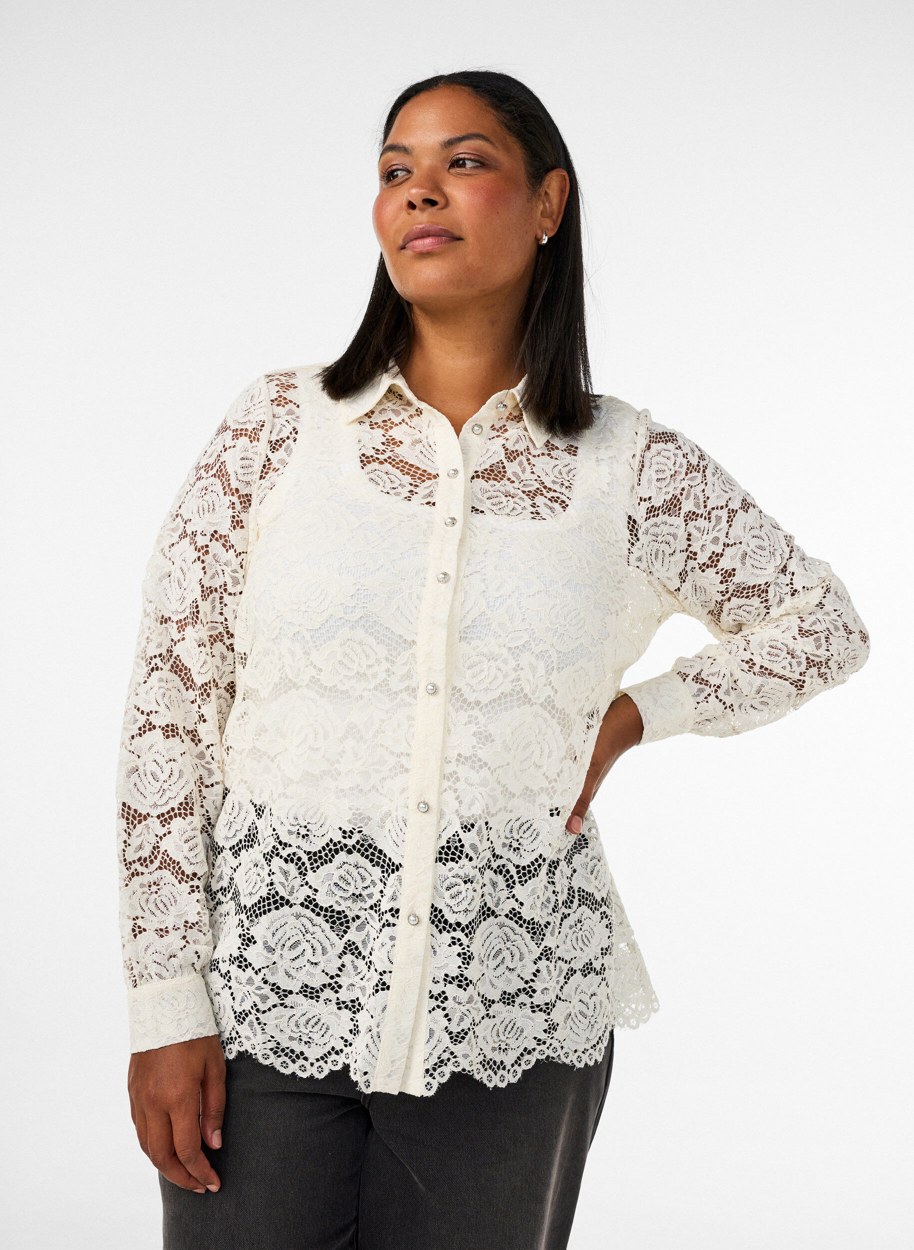 ZizzifashionLace shirt with pearl buttons, Vanilla, Model image number 0