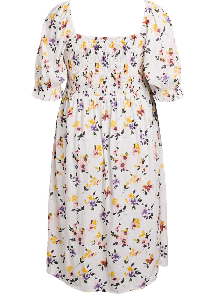 Floral viscose midi dress with smock, White, Packshot image number 1